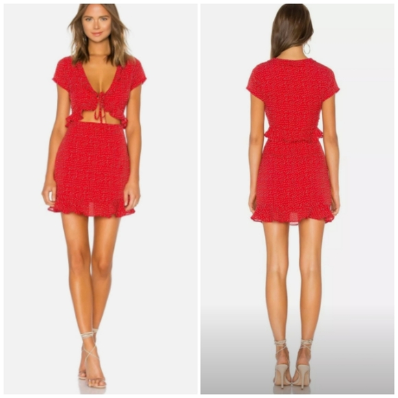 superdown Dresses & Skirts - Superdown Mercy Polka Dot Mini Dress Waist Cut Out Ruffle Hem V Neck Size Small